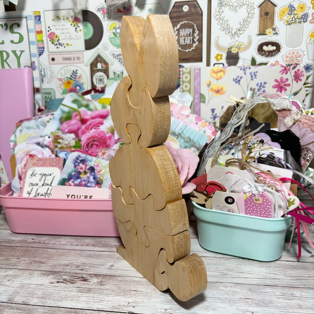 Handcrafted Wood Rabbit Bunny 6-pc. Puzzle Handmade Children’s Toy Stands Spring - Picture 4 of 7